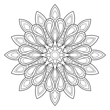 Beyaz yalıtılmış arka planda çiçek ve kalp desenleri olan basit bir karalama mandala. Boyama kitabı sayfaları için.