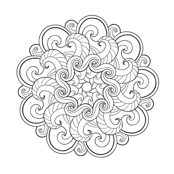 Dekoracyjna Mandala Falowanymi Miękkimi Wzorami Białym Izolowanym Tle Kolorowania Stron — Wektor stockowy