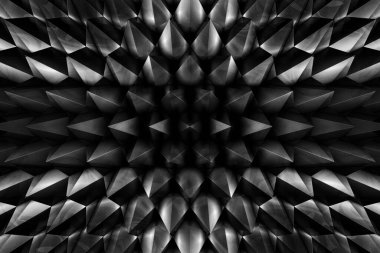 Üç boyutlu keskin köşeler. Beyaz ışıkta uzanan altıgenlerin birçok hacimsel metal figürlerinin bulunduğu arkaplan soyut minimalist dokusu. Animasyon. Briketlerden yapılmış gezici duvar.