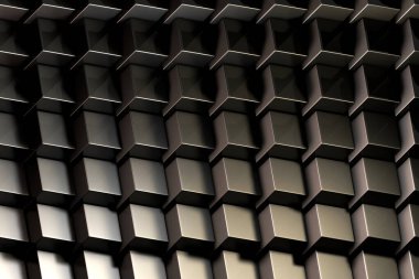 Beyaz ışıkta uzanan birçok hacim küpü / pentahedron içeren 3 boyutlu soyut minimalist doku. Animasyon. Mobil briket duvar