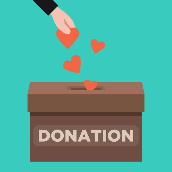 Donar pagos en línea. Mano insertar moneda corazón en la caja de donación. — Archivo Imágenes Vectoriales