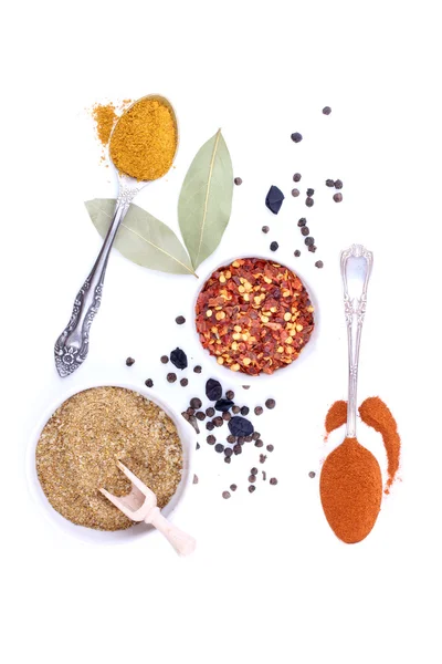 Spices and herbs on white background. top view — Stock Photo, Image