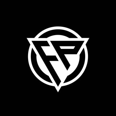 Negatif uzay üçgeni şekilli FP logosu ve siyah arkaplanda izole edilmiş yuvarlak tasarım şablonu