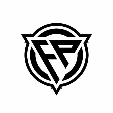 Beyaz arkaplanda izole edilmiş yuvarlak dizayn şablonuna sahip üçgen şekilli ve dairesel FP logosu