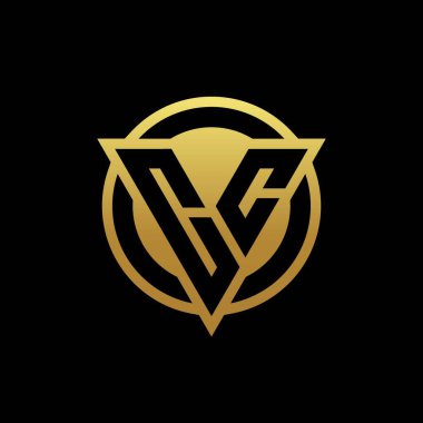 Üçgen şekilli CC logosu ve yuvarlak biçimli daire şeklinde altın rengi ve siyah arkaplan tasarım şablonu izole edilmiş.