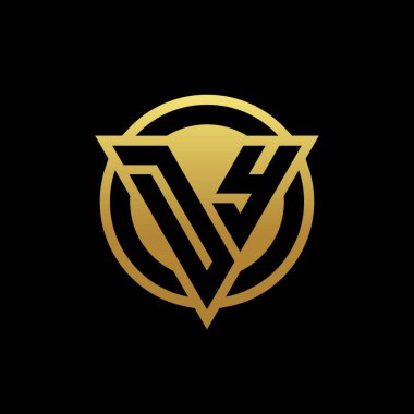 Üçgen şekilli DY logosu ve yuvarlak biçimli daire şeklinde altın rengi ve siyah arkaplan tasarım şablonu izole edilmiş