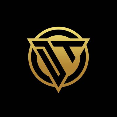 Üçgen şekilli ve yuvarlak biçimli DT logosu altın rengi ve siyah arkaplan tasarım şablonunda izole edilmiş.