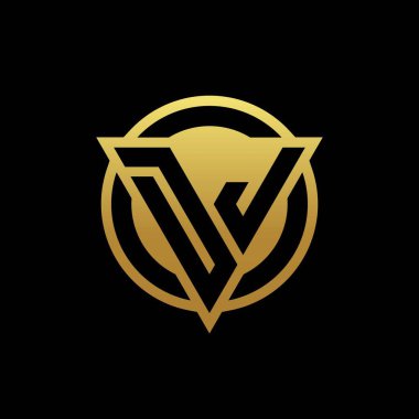 DJ logosu üçgen şekilli ve yuvarlak biçimli altın rengi ve siyah arkaplan tasarım şablonunda izole edilmiş.