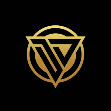 Üçgen şekilli DD logosu ve yuvarlak biçimli daire şeklinde altın rengi ve siyah arkaplan tasarım şablonu izole edilmiş.