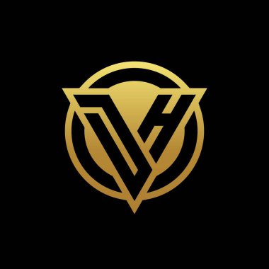 Üçgen şekilli DH logosu ve yuvarlak biçimli daire şeklinde altın rengi ve siyah arkaplan tasarım şablonu izole edilmiş