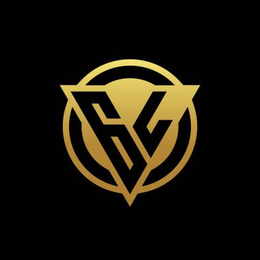 Üçgen şekilli ve yuvarlak biçimli GL logosu altın rengi ve siyah arkaplan tasarım şablonu üzerinde izole edilmiş.