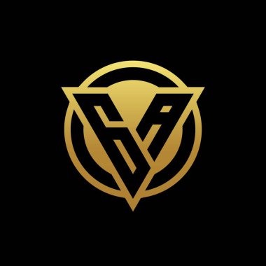 Üçgen şekilli ve yuvarlak biçimli GA logosu altın rengi ve siyah arkaplan tasarım şablonu üzerinde izole edilmiş.