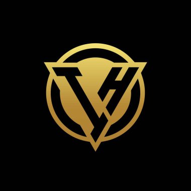 Üçgen şekilli ve yuvarlak biçimli IH logosu altın rengi ve siyah arkaplan tasarım şablonunda izole edilmiş.