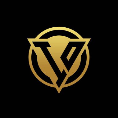 Üçgen şekilli ve yuvarlak biçimli IO logosu altın rengi ve siyah arkaplan tasarım şablonu üzerinde izole edilmiş.