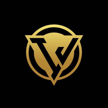 Üçgen şekilli ve yuvarlak biçimli IJ logosu altın rengi ve siyah arkaplan tasarım şablonu üzerinde izole edilmiş.