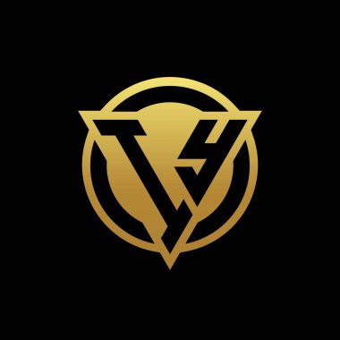 Üçgen şekilli ve yuvarlak biçimli IY logosu altın rengi ve siyah arkaplan tasarım şablonu üzerinde izole edilmiş.