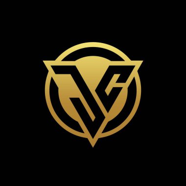 Altın renkler ve siyah arkaplan tasarım şablonu üzerinde izole edilmiş yuvarlak biçimli ve üçgen şekilli JC logosu