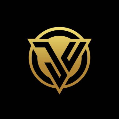 Üçgen şekilli ve yuvarlak biçimli JU logosu altın rengi ve siyah arkaplan tasarım şablonu üzerinde izole edilmiş.