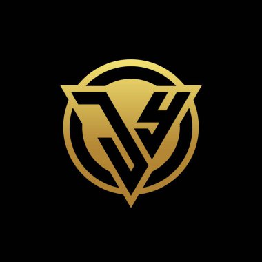 Üçgen şekilli ve yuvarlak biçimli JY logosu altın rengi ve siyah arkaplan tasarım şablonu üzerinde izole edilmiş.