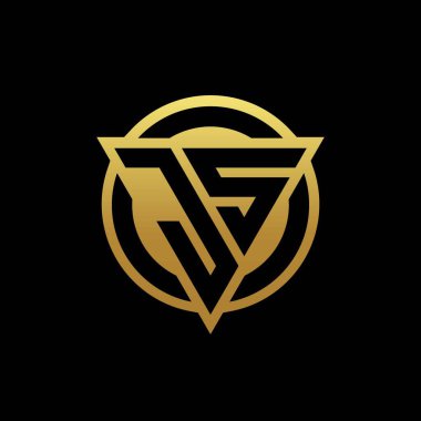 Altın renkler ve siyah arkaplan tasarım şablonu üzerinde izole edilmiş üçgen şekilli ve yuvarlak biçimli JS logosu