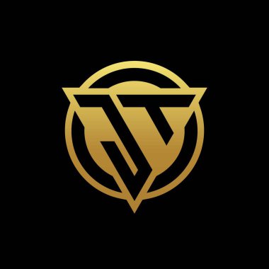 Üçgen şekilli ve yuvarlak biçimli JT logosu altın rengi ve siyah arkaplan tasarım şablonu üzerinde izole edilmiş.