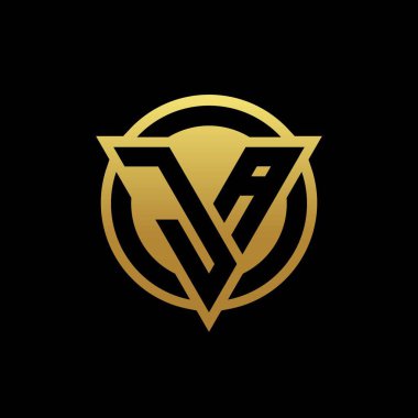 Üçgen şekilli ve yuvarlak biçimli JA logosu altın rengi ve siyah arkaplan tasarım şablonu üzerinde izole edilmiş.