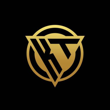 Üçgen şekilli ve yuvarlak biçimli KT logosu altın rengi ve siyah arkaplan tasarım şablonu üzerinde izole edilmiş.