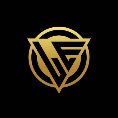 Üçgen şekilli LE logosu ve yuvarlak biçimli daire şeklinde altın rengi ve siyah arkaplan tasarım şablonu izole edilmiş