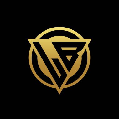 LB logosu üçgen şekilli ve yuvarlak biçimli altın rengi ve siyah arkaplan tasarım şablonunda izole edilmiş.