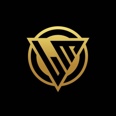 Üçgen şekilli ve yuvarlak biçimli LM logosu altın rengi ve siyah arkaplan tasarım şablonu üzerinde izole edilmiş.