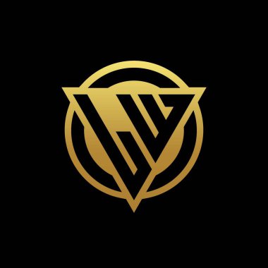 Üçgen şekilli LW logo monogramı ve altın rengi ve siyah arkaplan tasarım şablonu üzerinde izole edilmiş yuvarlak biçim.