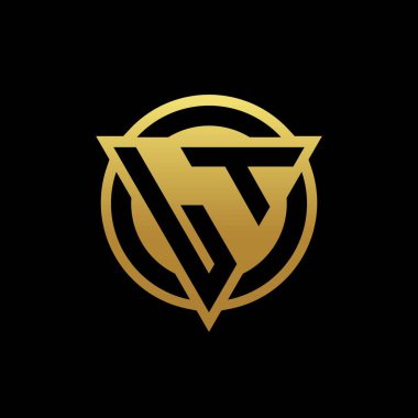 Üçgen şekilli ve yuvarlak biçimli LT logosu altın rengi ve siyah arkaplan tasarım şablonunda izole edilmiş.