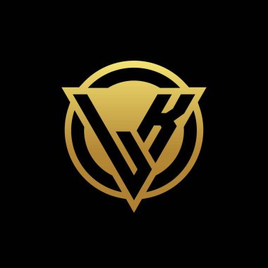 Üçgen şekilli ve yuvarlak biçimli LK logosu altın rengi ve siyah arkaplan tasarım şablonu üzerinde izole edilmiş.