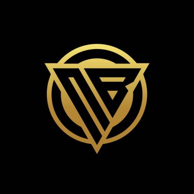 Üçgen şekilli ve yuvarlak biçimli NB logosu altın rengi ve siyah arkaplan tasarım şablonu üzerinde izole edilmiş.