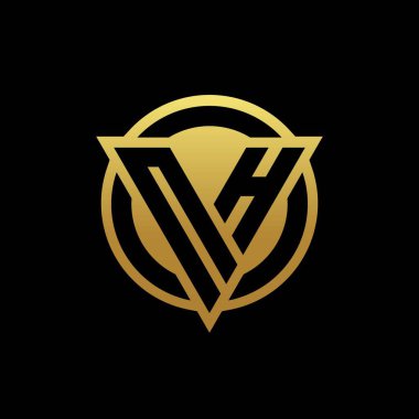 Üçgen şekilli ve yuvarlak biçimli NH logosu altın rengi ve siyah arkaplan tasarım şablonu üzerinde izole edilmiş.