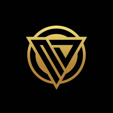 Üçgen şekilli ve yuvarlak biçimli ND logosu altın rengi ve siyah arkaplan tasarım şablonunda izole edilmiş.