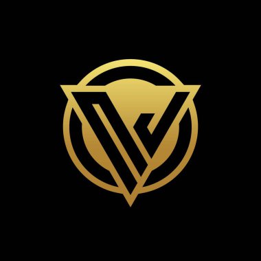 Üçgen şekilli ve yuvarlak biçimli NJ logosu altın rengi ve siyah arkaplan tasarım şablonu üzerinde izole edilmiş.