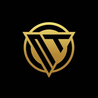 Üçgen şekilli ve yuvarlak biçimli NT logosu altın rengi ve siyah arkaplan tasarım şablonu üzerinde izole edilmiş.