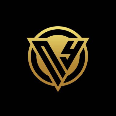 Üçgen şekilli ve yuvarlak biçimli New York logosu altın renkleri ve siyah arkaplan tasarım şablonu üzerinde izole edilmiş.