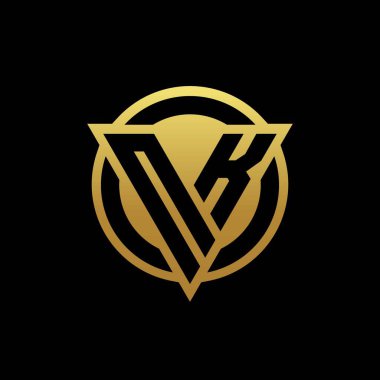 Üçgen şekilli ve yuvarlak biçimli NK logosu altın rengi ve siyah arkaplan tasarım şablonu üzerinde izole edilmiş.