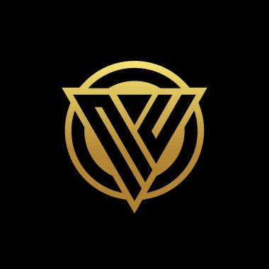 Üçgen şekilli ve yuvarlak biçimli NU logosu altın rengi ve siyah arkaplan tasarım şablonu üzerinde izole edilmiş.