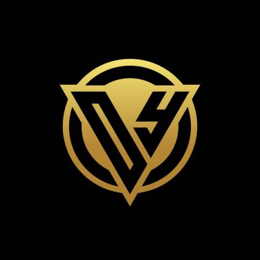 Üçgen şekilli ve yuvarlak biçimli OY logosu altın rengi ve siyah arkaplan tasarım şablonu üzerinde izole edilmiş.