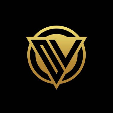 Üçgen şekilli ve yuvarlak biçimli OV logosu altın rengi ve siyah arkaplan tasarım şablonunda izole edilmiş.