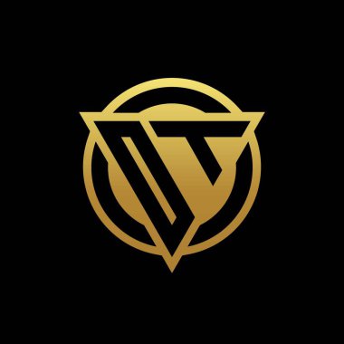 Üçgen şekilli ve yuvarlak biçimli OT logosu altın rengi ve siyah arkaplan tasarım şablonu üzerinde izole edilmiş.