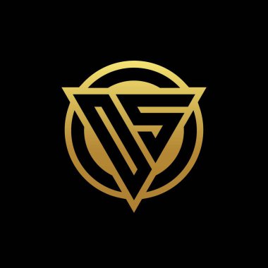 Üçgen şekilli ve yuvarlak biçimli işletim sistemi logosu altın renkleri ve siyah arkaplan tasarım şablonu üzerinde izole edilmiş.