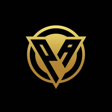 Üçgen şekilli PA logosu ve yuvarlak biçimli daire şeklinde altın rengi ve siyah arkaplan tasarım şablonu izole edilmiş