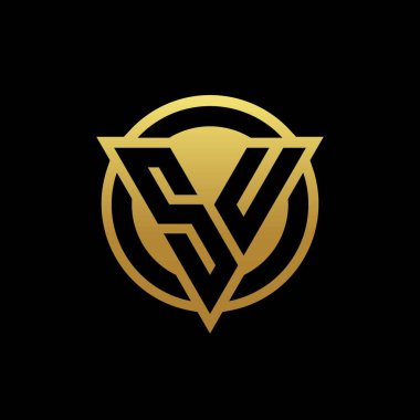 Üçgen şekilli ve yuvarlak biçimli SU logosu altın rengi ve siyah arkaplan tasarım şablonu üzerinde izole edilmiş.