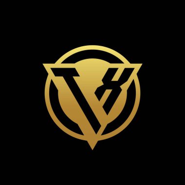 Üçgen şekilli ve yuvarlak biçimli TX logosu altın rengi ve siyah arkaplan tasarım şablonu üzerinde izole edilmiş.