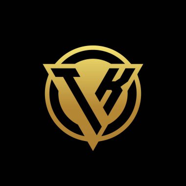 TK logosu üçgen şekilli ve yuvarlak biçimli altın rengi ve siyah arkaplan tasarım şablonunda izole edilmiş.