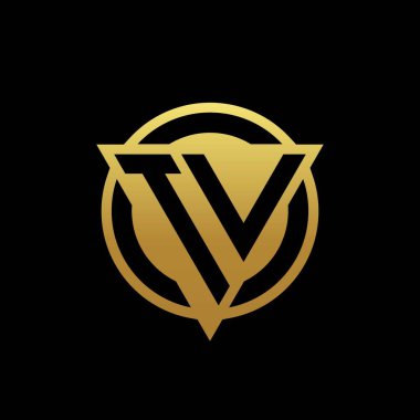 TV logosu üçgen şekilli ve yuvarlak biçimli altın rengi ve siyah arkaplan tasarım şablonunda izole edilmiş.